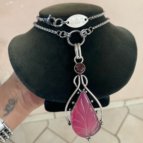 Genuine pink topaz & pink carved agate in leaf shape gemstone chain necklace - Picture 12 of 13
